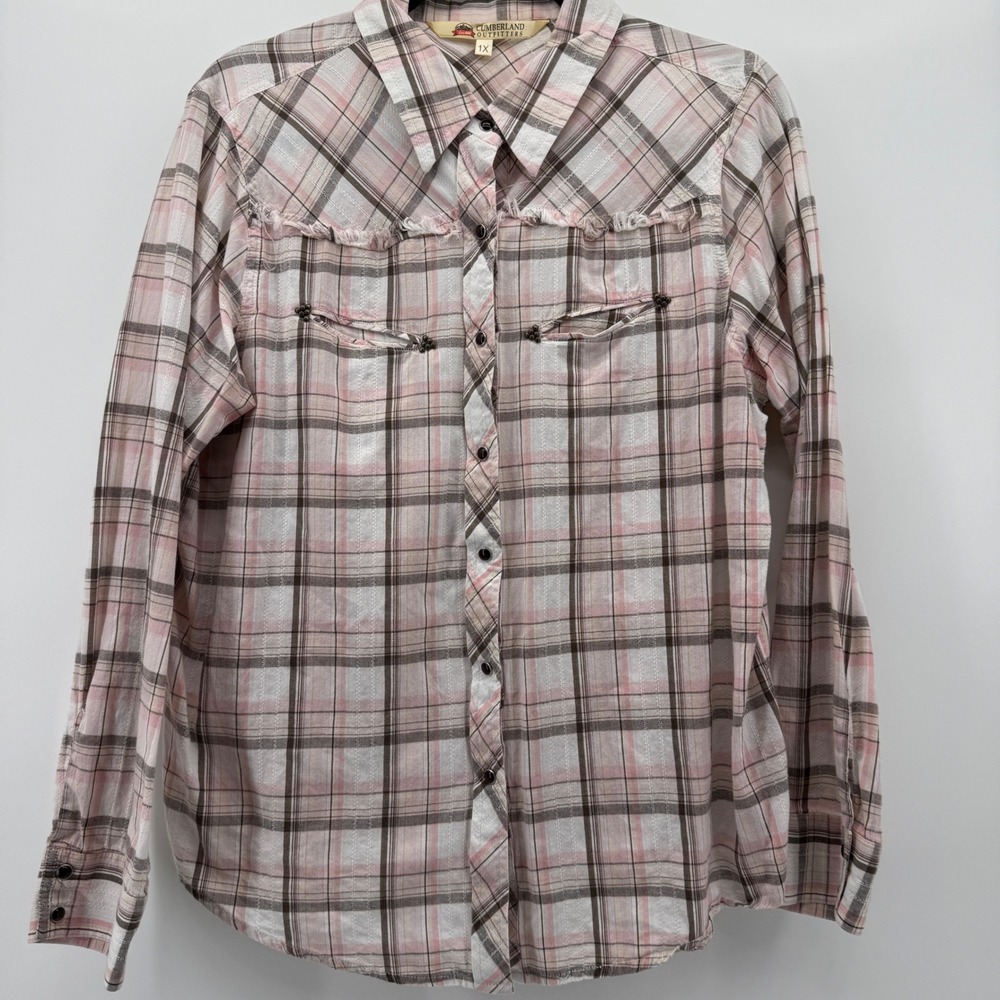 Cumberland Outfitters Women 1X Pink Brown Plaid Snap Front Western Shirt Frayed